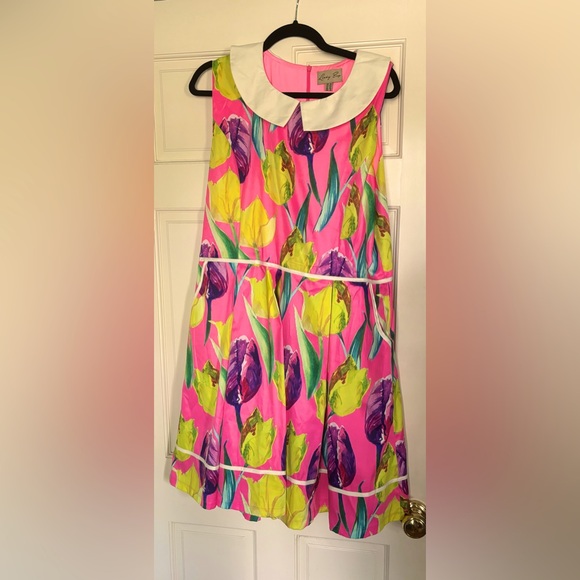 Lindy Bop: Molly Sue, Pink Tulips with Peter Pan collar  sz 16 - Picture 1 of 8